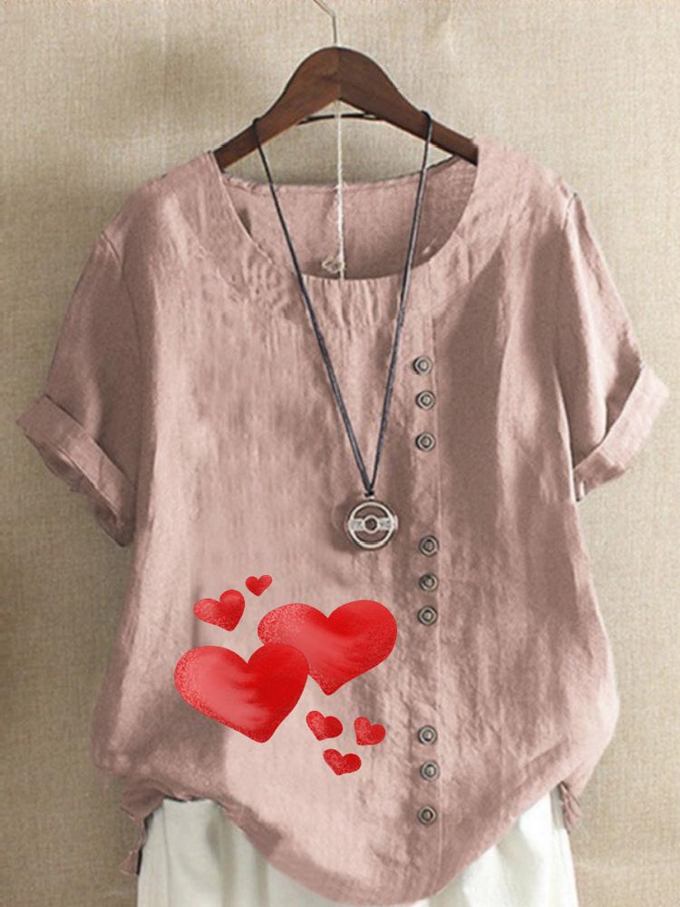 Women's Fashion Red Heart Print Round Neck Short Sleeve T-shirt Summer Casual Cotton Linen Graphic Shirt Leisure Loose Blouse Tops