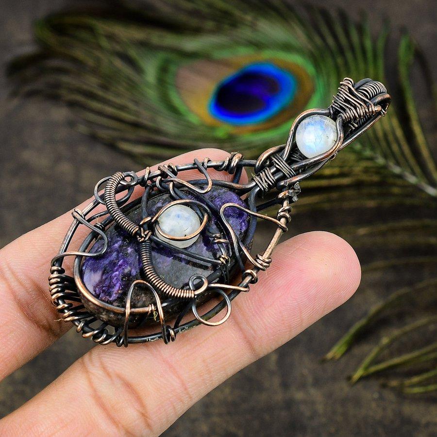 Russian Charoite, Moonstone Gemstone Copper Wire Wrap Jewelry Pendant 3.15"