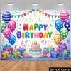 2D Happy Birthday Photo Backdrop Banner Colorful Balloon Cake Confetti Party Background Cloth