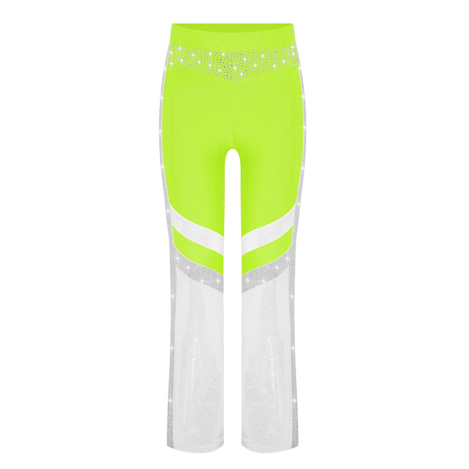 

Girls Shiny Rhinestone Flared Pants Elastic Waistband Color Block Bell Bottom Gymnastics Costume 5-6 Years