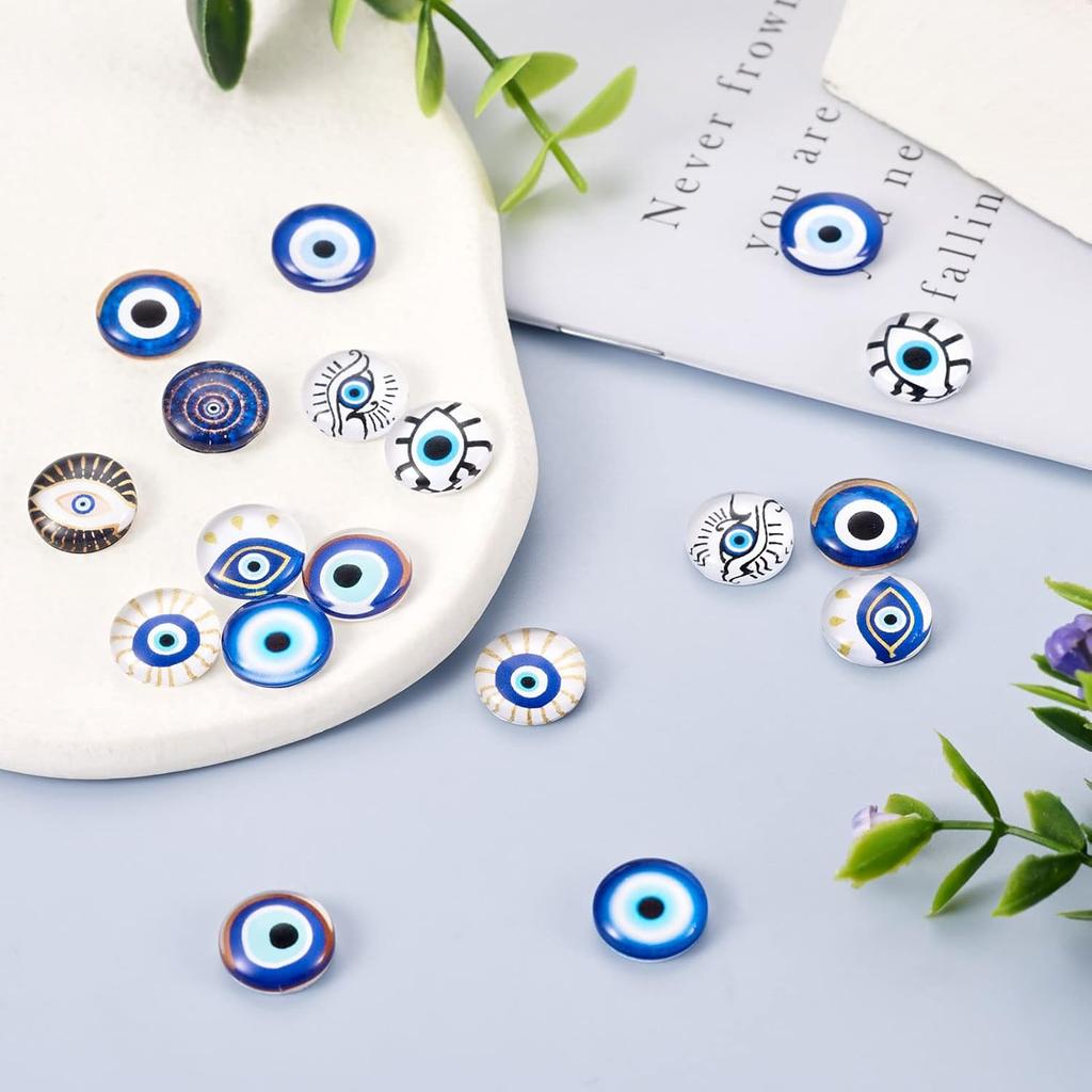 Pandahall 60Pcs Evil Eye Glass Cabochons - 12mm Half Round Flatback Dome Lucky Eye Cameo Gem Cover Beads for Pendant Props Photo Jewelry Making