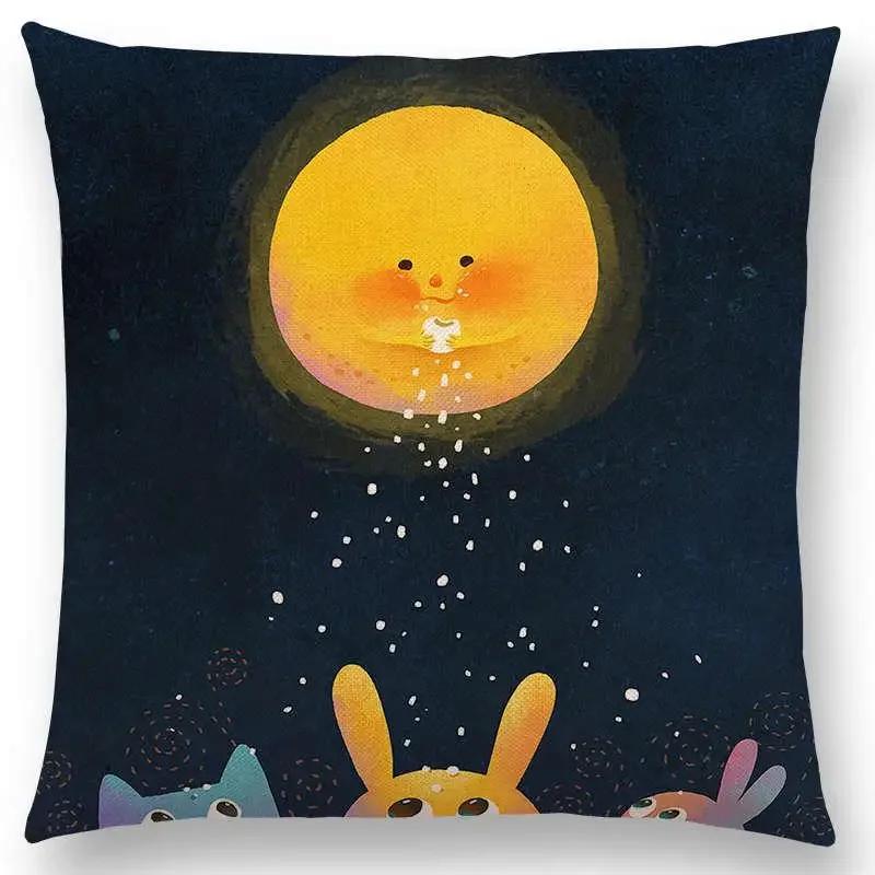 Neuankömmling Niedliche Cartoon-Tiere Kleine Katze Traum Elch Hübsches Mädchen Wald Leuchtender Stern Kissenbezug Sofa Wurfkissenbezug