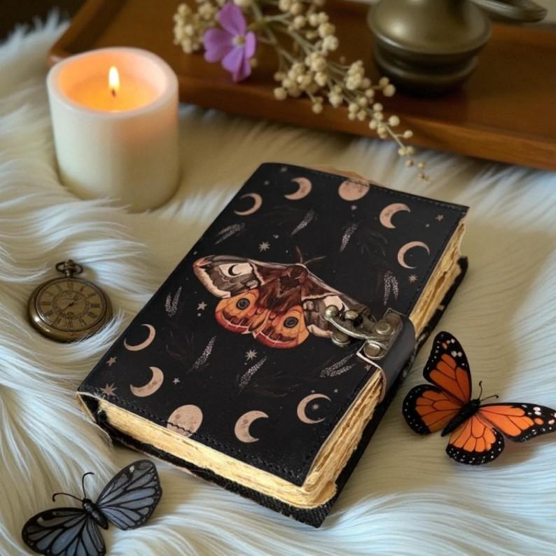 

Moth & Moon Phase Leather Journal – Handmade Notebook with Deckle Edge Paper | 5x7 | 200 Pages | Witchy Grimoire | Vintage Leather Diary