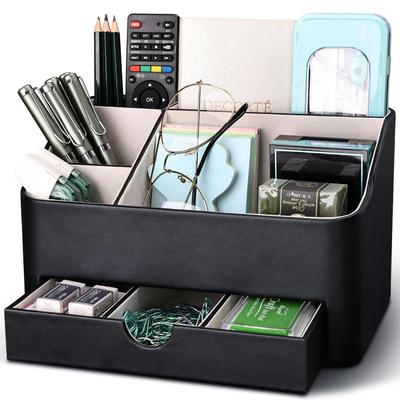 KINGFOM Desk Organizer with Drawer, Multifunctional Pen Holder for Desk, Desk Organizer and Accessories for Home Office, 5 Compartments (Black)