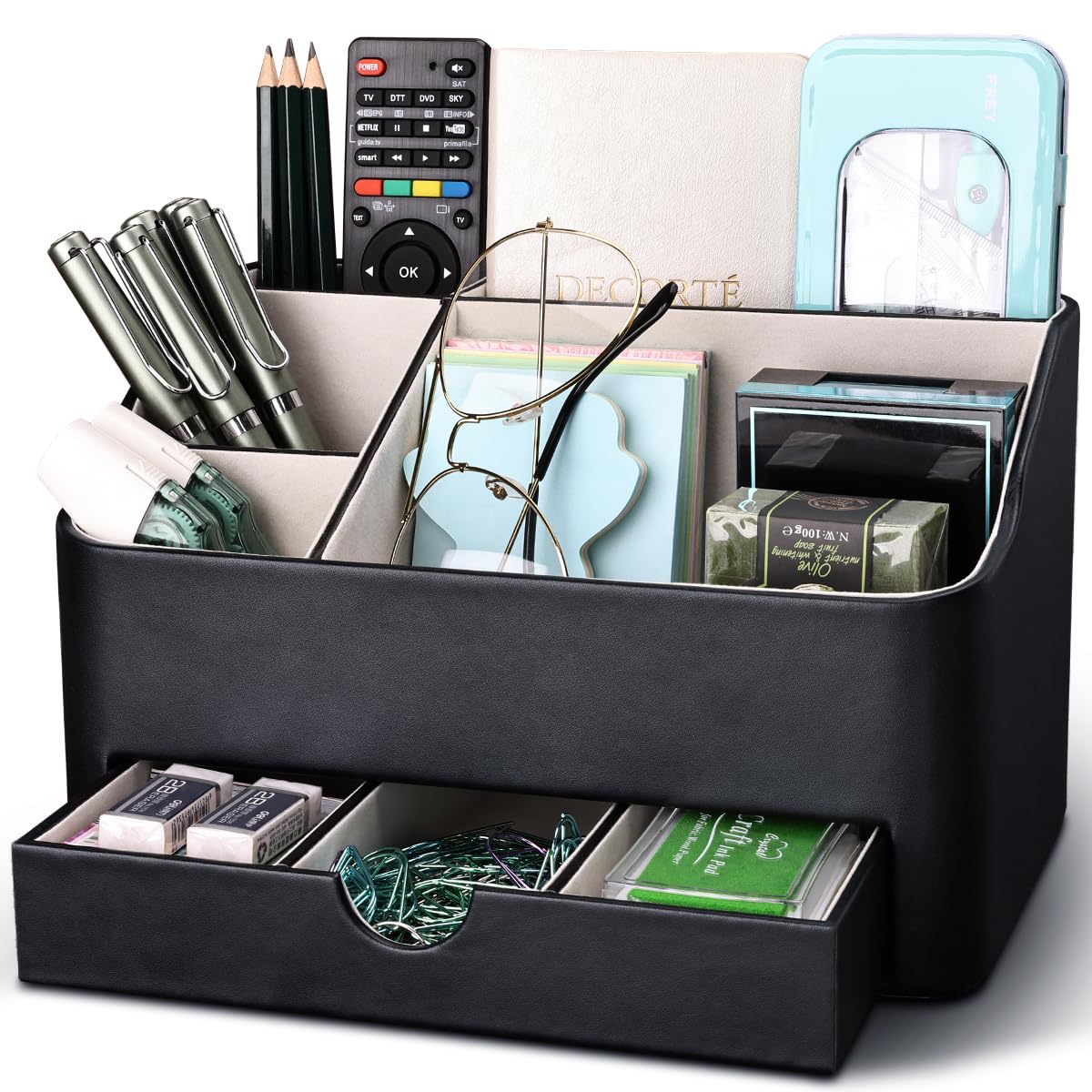 

KINGFOM Desk Organizer with Drawer, Multifunctional Pen Holder for Desk, Desk Organizer and Accessories for Home Office, 5 Compartments (Black)