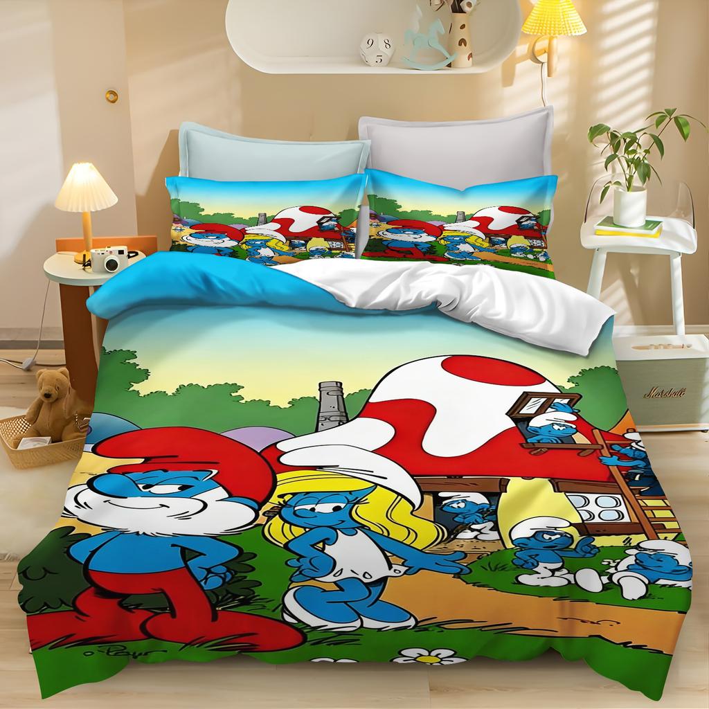 Die Schlümpfe Staffel Anime, Komfort-Bettwäsche für Zuhause und Schlafzimmer, Nordisches Polyester-Material, geeignet für Kinder und Erwachsene, 3-teiliges Set