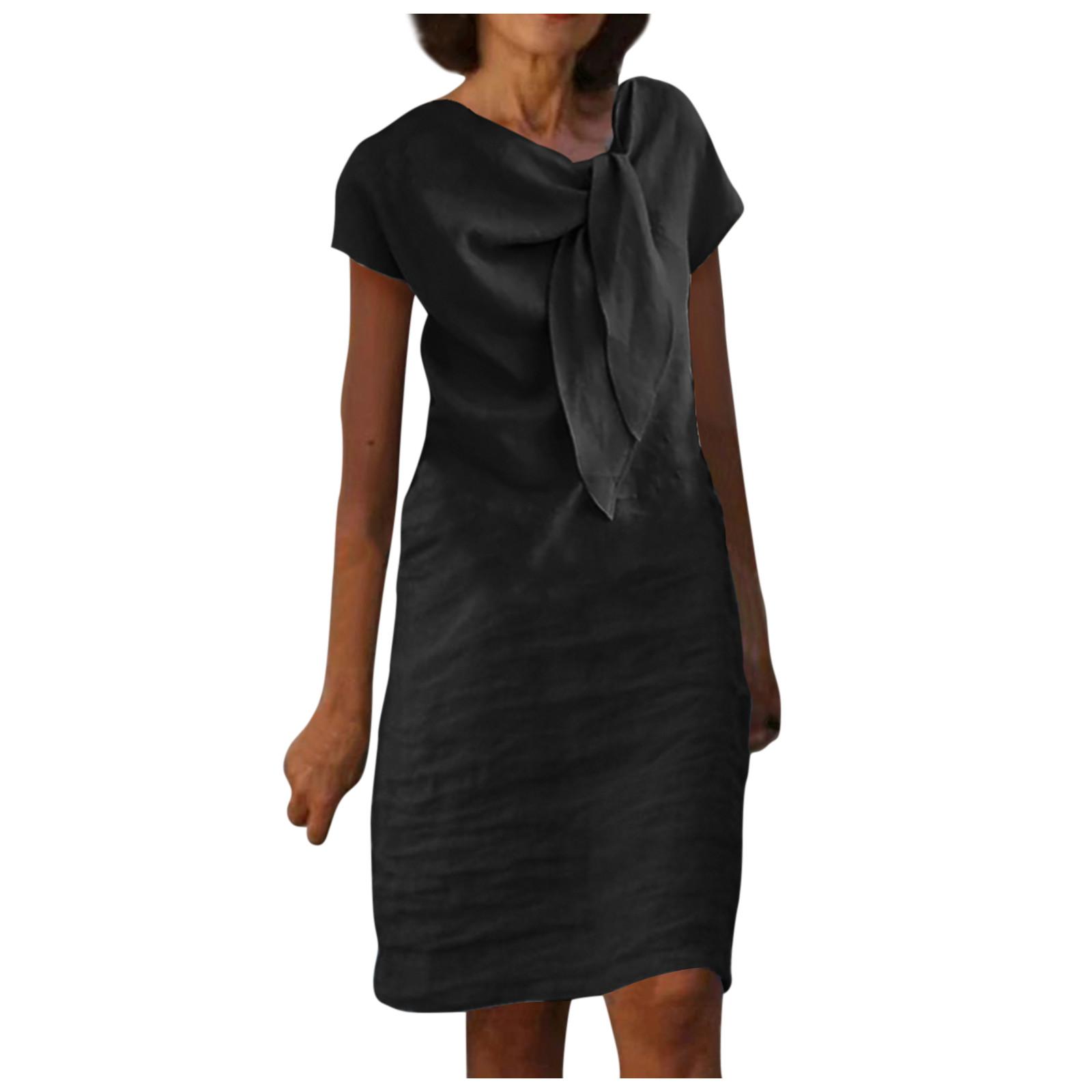 Модное прямое свободное платье средней длины с V-образным вырезом и галстуком-бабочкой — фото 3