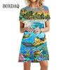3d Turtle Sea World Beach Landscape Printed Dress Women 2026 Summer Short-sleeved Loose Casual Mini Dress