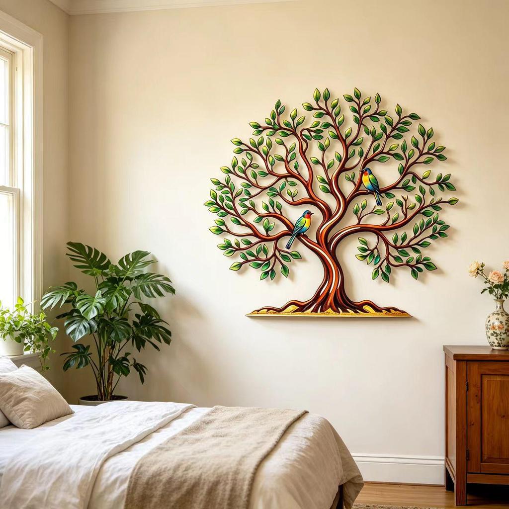 Tree of Life Metal Wall Art: Creative Bird Design for Bedroom or Living Room Décor