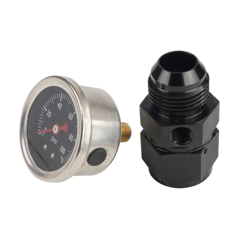 Fuel Pressure Gauge with 4AN Fuel Pressure Take Off Fitting, 0-100Psi, 1-1/2" Black Dial, 1/8"NPT Center Back Mount
