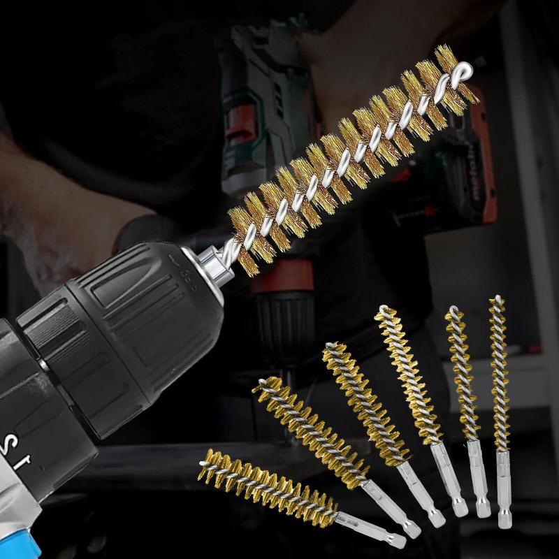 6Pc Bore Wire Brush Twisted 1/4 Inch Hex Shank Brass Bore Cleaning Wire Brushes 8-19mm for Power Drill Impact Driver Accessories.