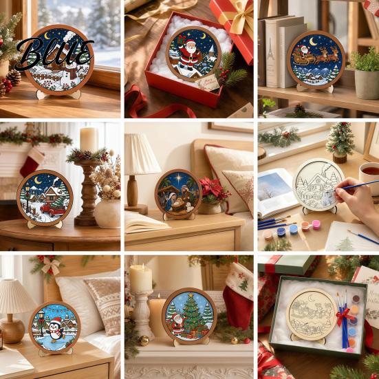 Educational Art Supplies Christmas Ornament DIY Coloring Kit Wooden Kit with Stand Paint Parent Child Craft Activities Strip And Brushes,