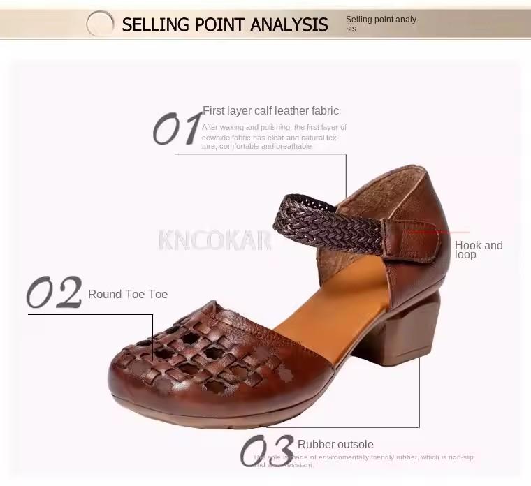 Fashion GKTINOO 2025 Summer New Retro Genuine Leather Shoes Woman Retro Hollow Sandals Female Hook & Loop Thick Heels Women's Shoes