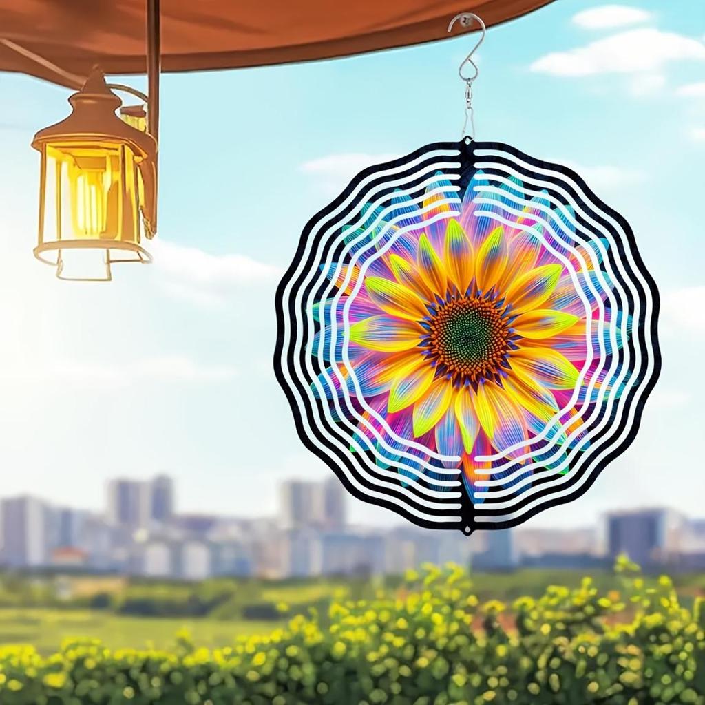 10 Inch Neon Flower Wind Spinner 2D Kinetic Metal Hanging Decor for Garden Yard Outdoor Indoor Dynamic Art Sculpture Gift for Women Men Mom Dad