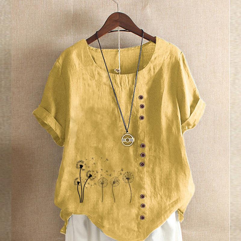 Damska Moda Czarny T-shirt z Krótkim Rękawem z Nadrukiem Mniszka Lekarskiego Luźna Bawełniana Koszulka Casualowa Luźna Bluzka Letnia Top Plus Size