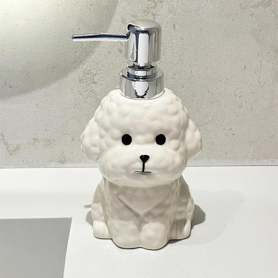Dispensador de Sabão para Cães em Cerâmica de 400ML com Bomba Plástica, Recipiente Reabastecível em Formato de Filhote para Sabonete Líquido de Mãos, Frasco Vazio para Gel de Banho e Loção para Banheiro