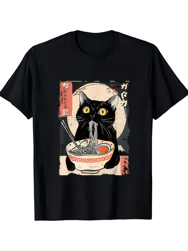 Vintage Japanese RaUnisex Cat TShirt Kitten Eating Noodles Print Short Sleeve Fashion Harajuku Kawaii Tshirt Womens Y2K Clothing