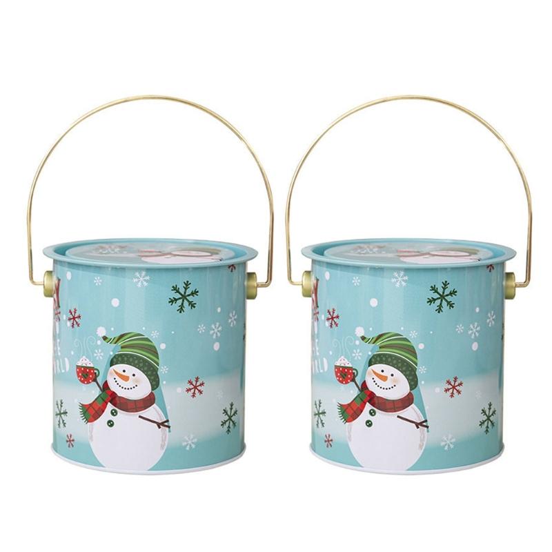 Pack Of 2 Christmas Treat Boxes with Handle Handheld Round Bucket Tinplate Sweets Cookie Container for Party Use