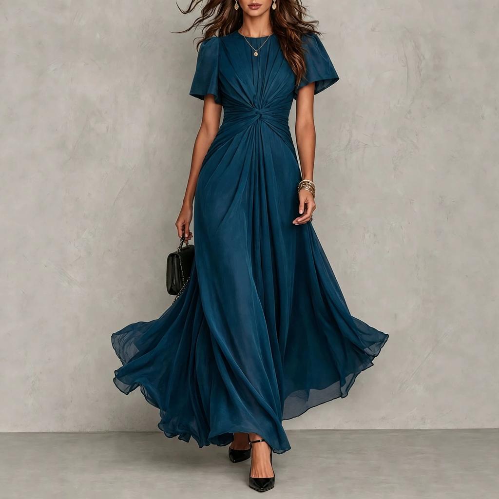 European and American women's clothing, kinked waist fly-sleeved long dress, elegant chiffon pendulum temperament banquet dress dress