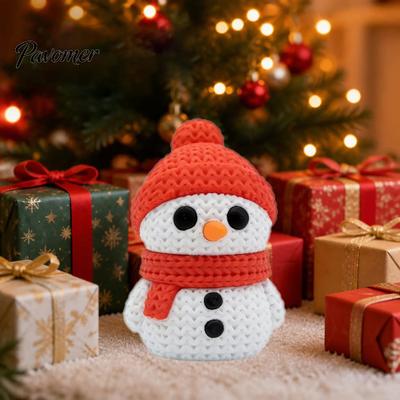 Small Snowman Figurine 3D Printed Knitted Figurine, Christmas Statue with Red Knit Desktop Figurines Hat and Scarf, Mini Sculpture for Holiday