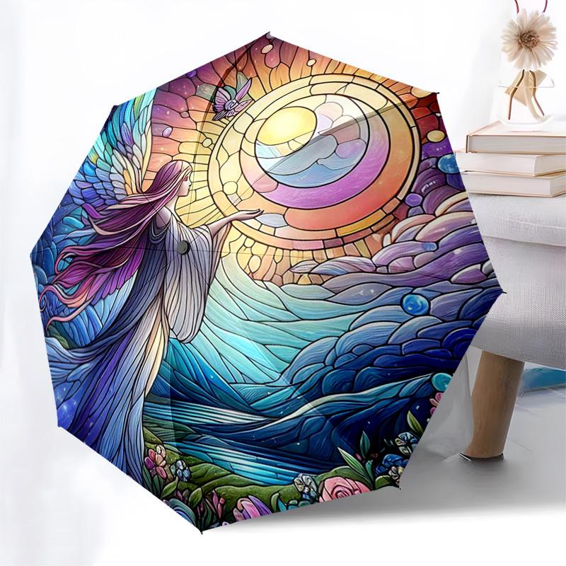 

1pc Stained Glass Angel Design Automatic Opening Folding Umbrella with 8-Bone Iron Frame - Perfect for Outdoor Use, Festive Gifts, Travel, Daily Use,