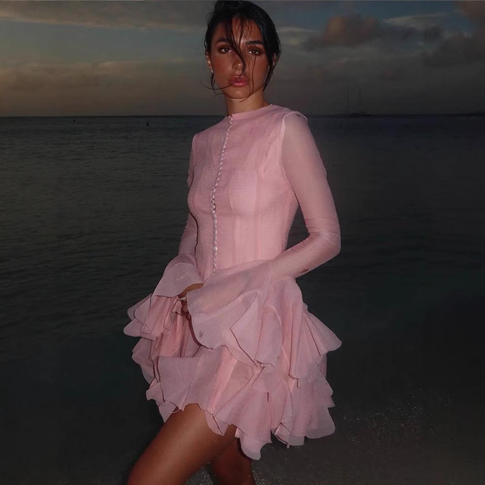 

Элегантные мини-платья с круглым вырезом и расклешенными рукавами, женские облегающие однобортные короткие платья с оборками, женские весенние вечерние халаты M