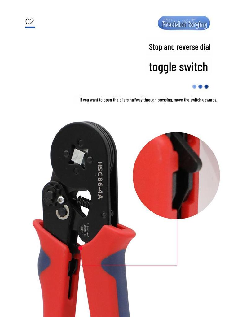 HSC8 6-4A Self-Adjusting Crimping Tool for VE Tube Terminals, 0.25-10mm Range, Quadrilateral Crimping.