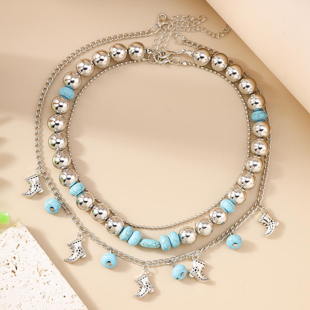 Vintage Ethnic Style Cowboy Boot Pendants Necklace Multi-layer Beads Turquoise Choker Necklaces Bohemia Jewelry Gifts