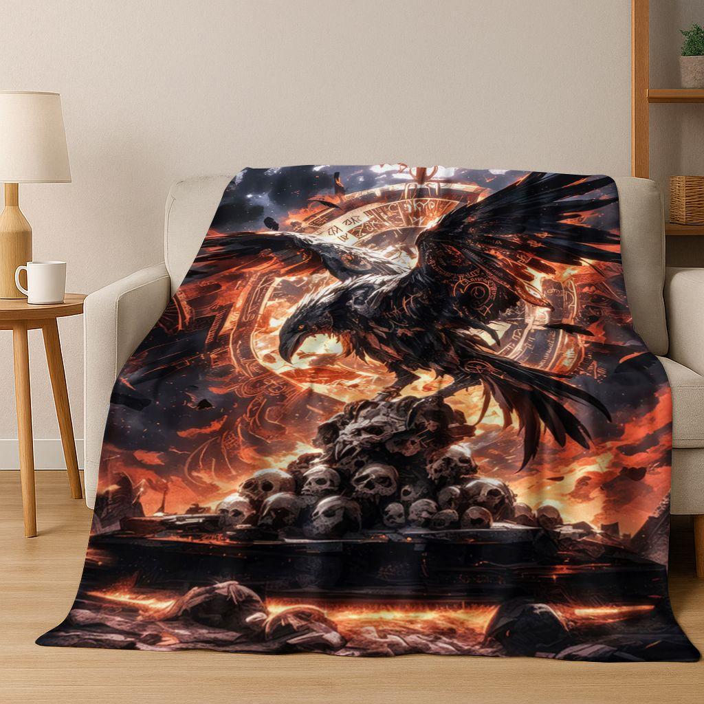 3D Viking Oding Raven Crow Skull Huginn Muninn Norse Flannel Blanket,Warm and Cozy Soft Throw Blanket for Home Bedroom Bed Sofa