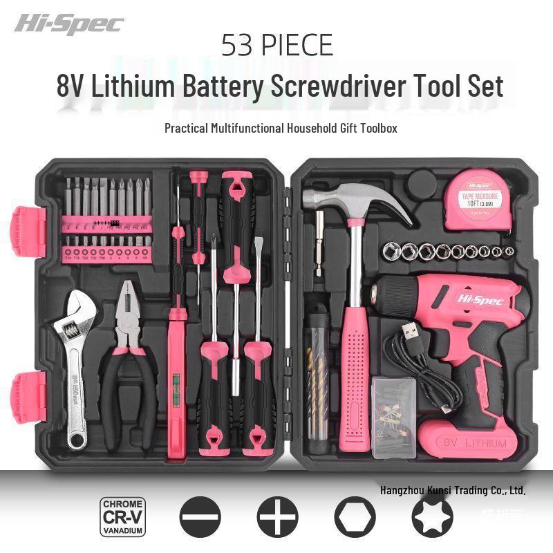 HiSpec Pink Household Tool Set with Wrench, Pliers, Hammer, Electric Screwdriver, and Toolbox