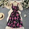Holiday Style Print Suspender Skirt Women's Summer New Waist and Thin French Chiffon Floral Dress
