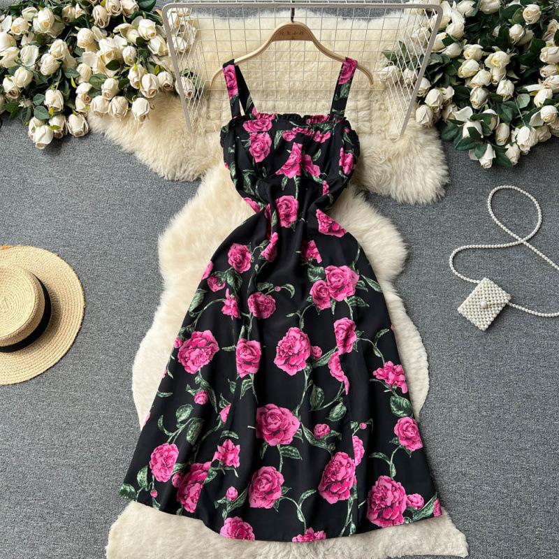 Holiday Style Print Suspender Skirt Women's Summer New Waist and Thin French Chiffon Floral Dress
