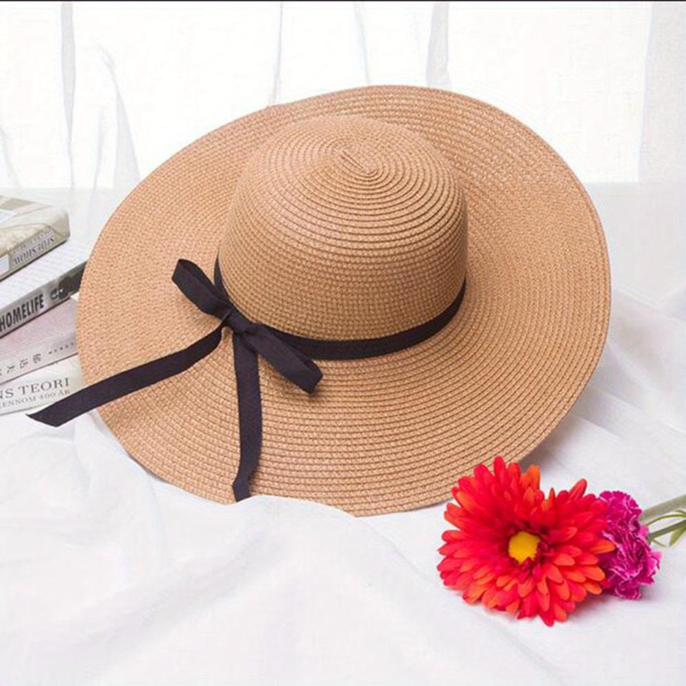 Large Eave Straw Hat for Woman Black Bow Tie Edge Sunscreen Foldable Beach Hat Outdoor Seaside Vacation Fashionable and Elegent