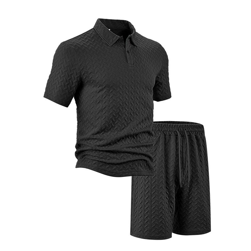 Summer New Men's Polo Shirt Set Casual Sporty Cool Fashionable Slim Fit Solid Color Short Sleeved Jacquard Shorts Set Men's
