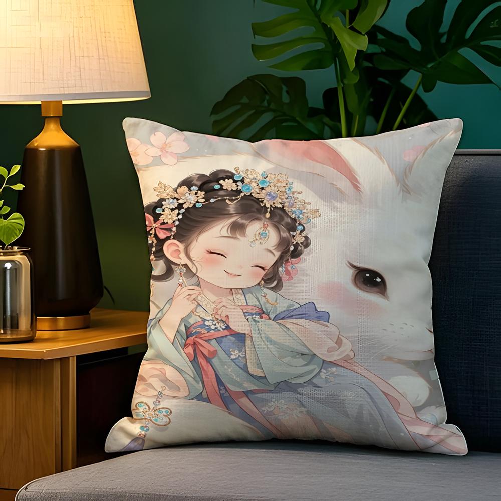 Eastern Aesthetics China Costume Girl 1 Pillow Case Natural Linen Pillow Case Double-Sided Decor Sofa Pillowcase Home Decor