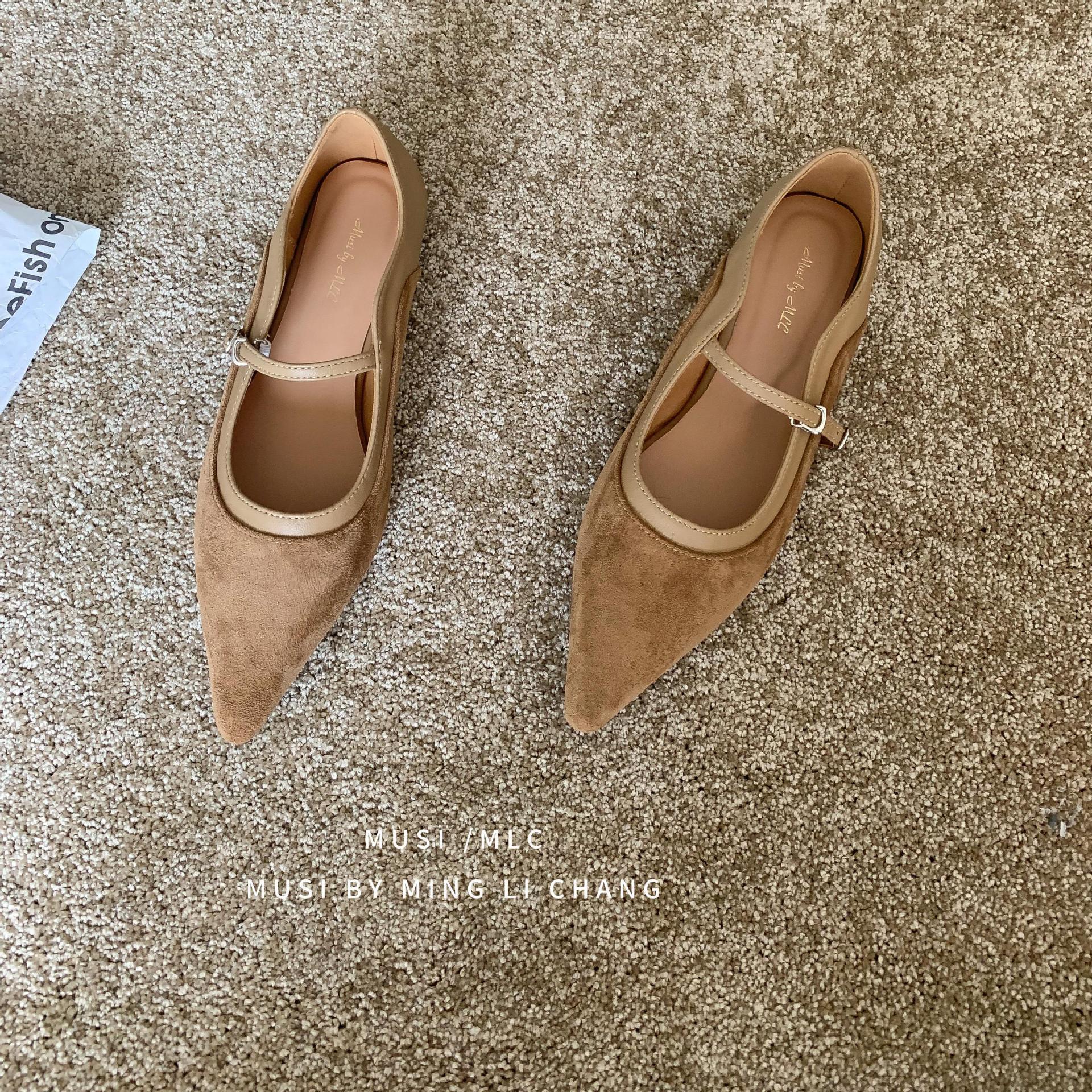 

2025 spring and autumn new retro suede lady pointed head one-word buckle belt inner height increase shallow mouth Mary Jane single shoes women 39