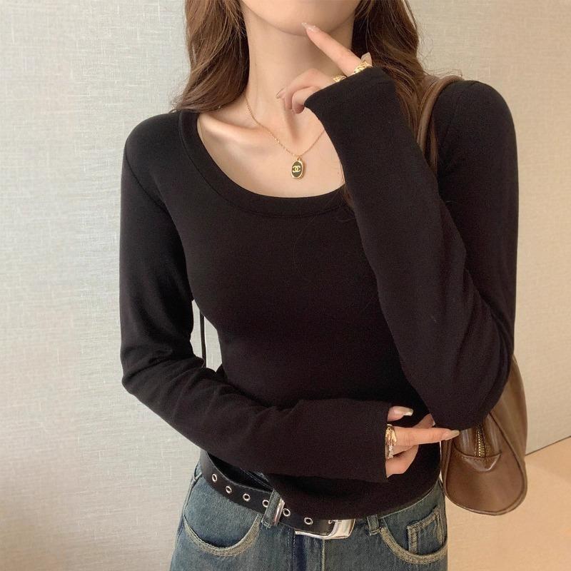 White knitted bottoming shirt women's new autumn and winter round neck inner long-sleeved slim-fitting low-necked Spice Girl top