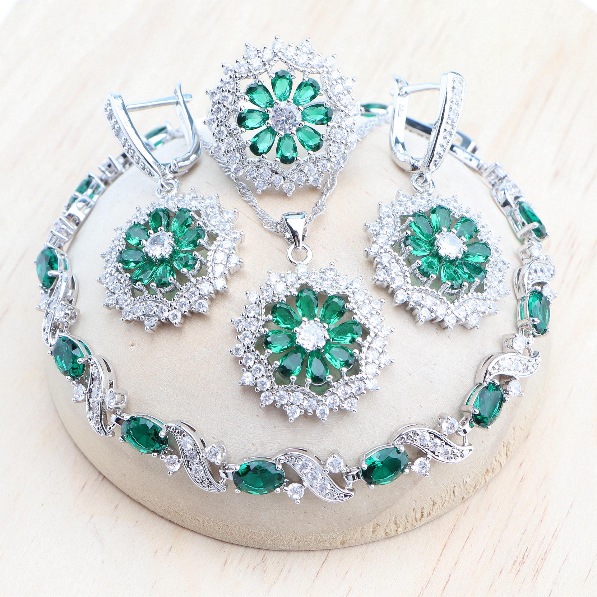 

Свадебный комплект ювелирных изделий из кубического циркона для женщин, свадебные кольца/браслеты/серьги/подвеска, комплект ожерелья 8 зелёный