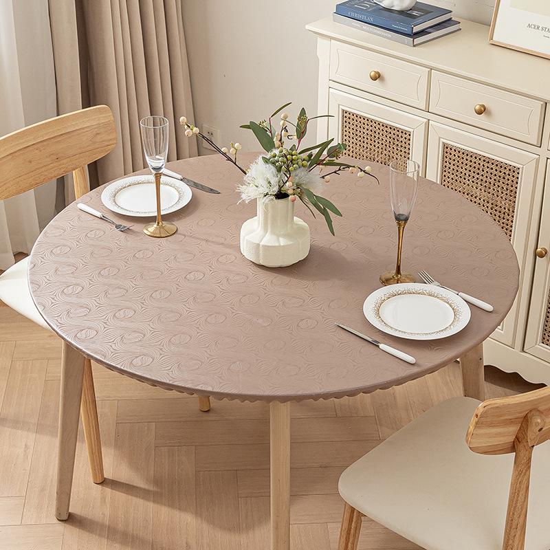 Non-Slip Waterproof Round Table Cover: Elastic, Oilproof, Anti-Scalding, Wash-Free Tablecloth for Dining Tables.