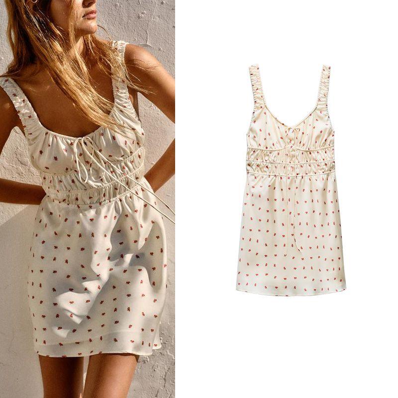 Spring New Sweet V-neck Butterfly Decorative Elastic Waist Flower Print Silk Satin Textured Skirt 3120015