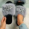 Autumn and winter new long-haired dopamine color bright diamond texture flower large size fluffy slippers