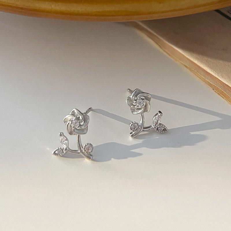 Cercei placați cu Argint S925 Cercei cu floare decupată franțuzească Cercei mini cu diamant roz pentru temperament blând feminin