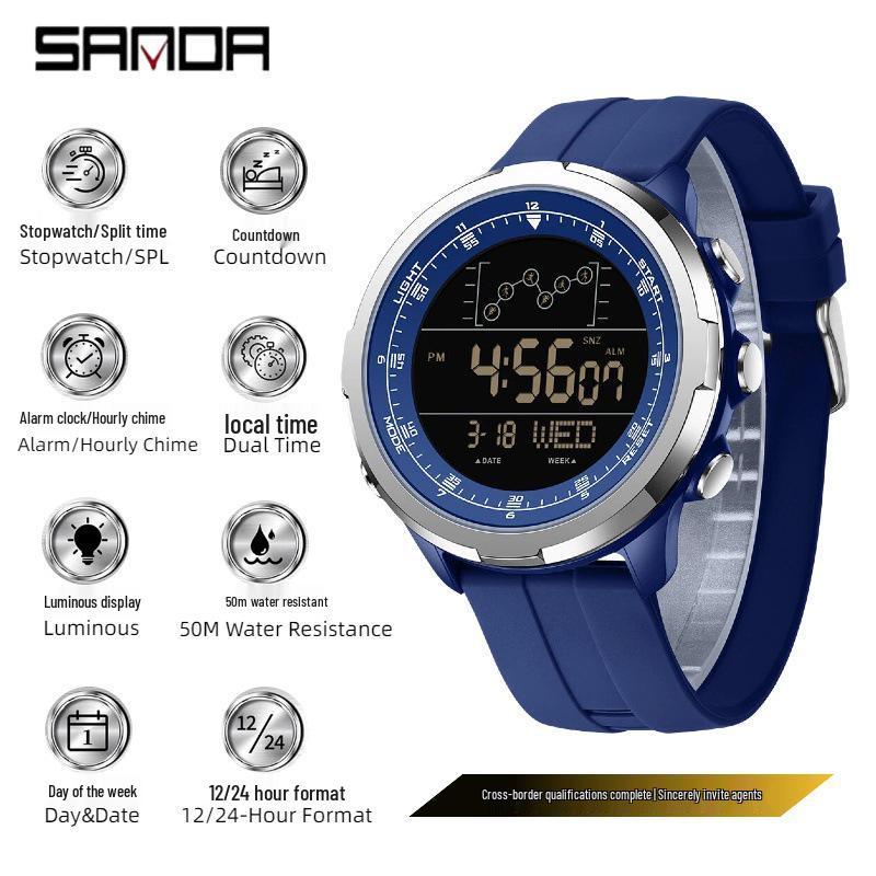 Sanda Sports Fashion Watch: Segmented Timer, Calendar, Luminous Dial, Large Face, Simple Student Design.