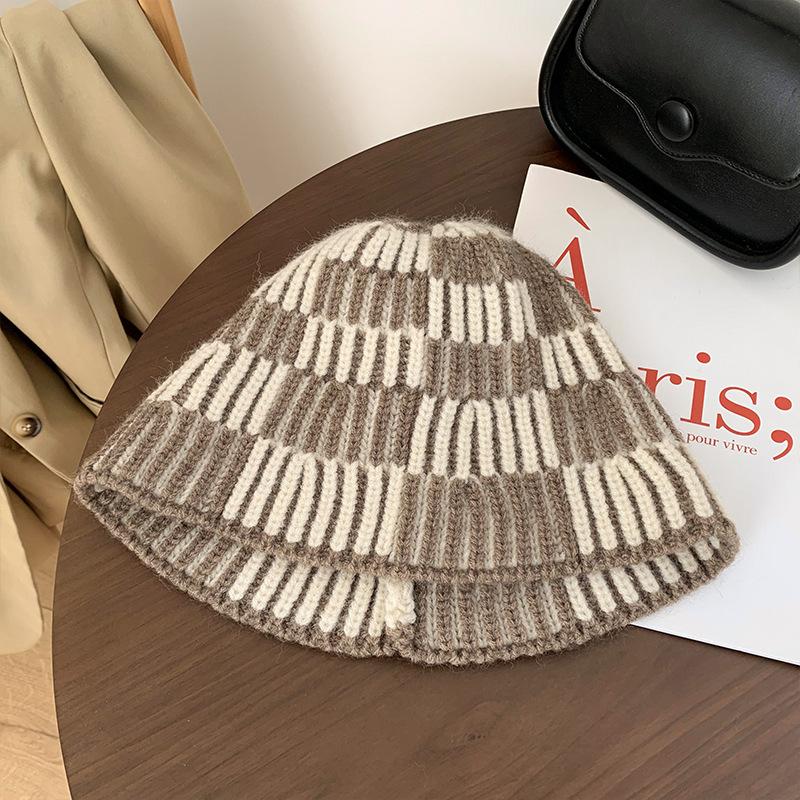 

Pink Plaid Knitted Wool Hat for Women In Autumn and Winter Japanese Big Head Circumference Showing Face Small Bucket Fisherman Hat Versatile Hat M（56-58cm）