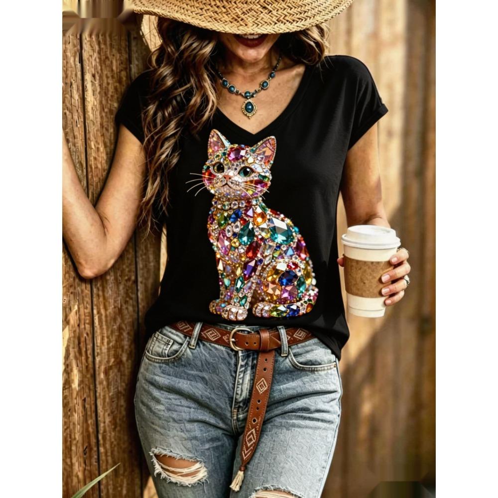Sommer Buntes Tier 3D Muster Kurzarm T-Shirt Modisches Bequemes Oversized Atmungsaktives Damen V-Ausschnitt T-Shirt