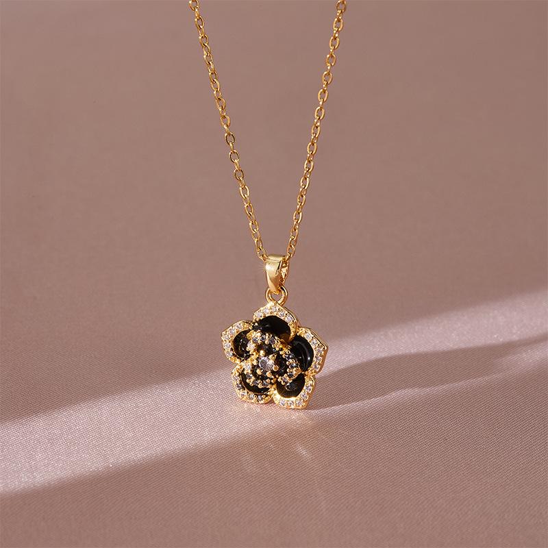 Full Diamond Camellia Necklace Women'S Light Luxury Design Simple Micro-Inlaid Pendant Jewelry