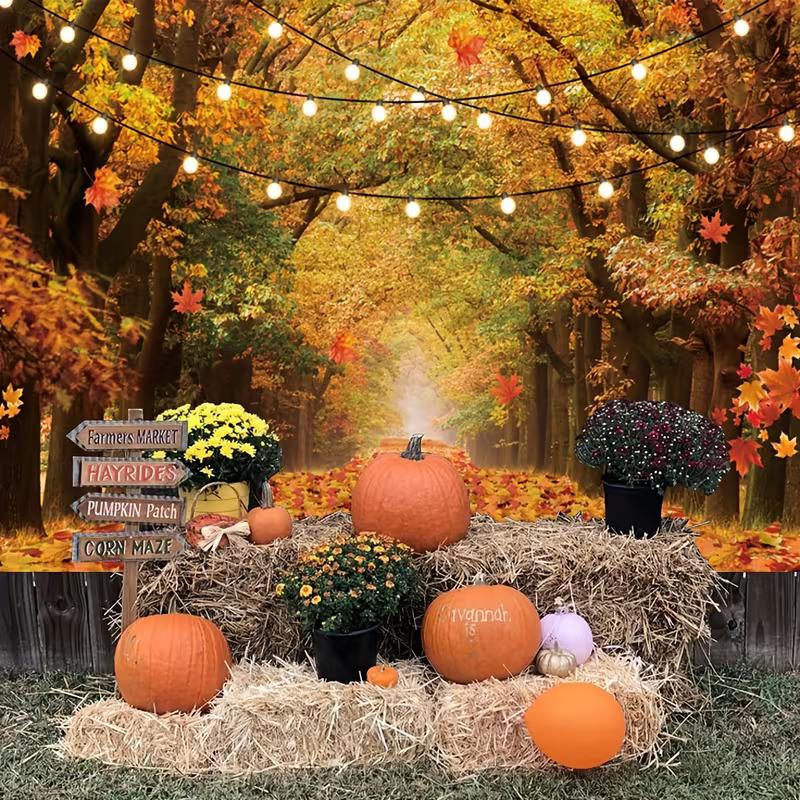 Autumn Tree Lined Path Tapestry Warm Fairy Lights Photography Backdrop