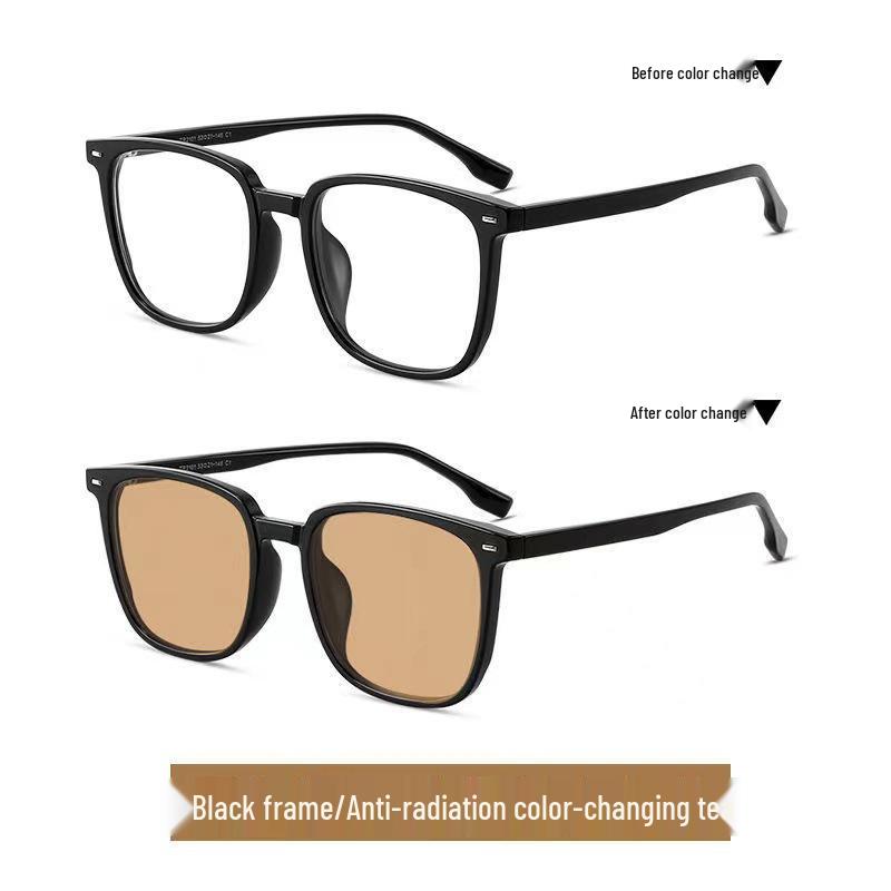 Women's TR90 Color-Changing Myopia Glasses: Large Frame, Versatile Cold Tea Hue, Anti-Blue Light.