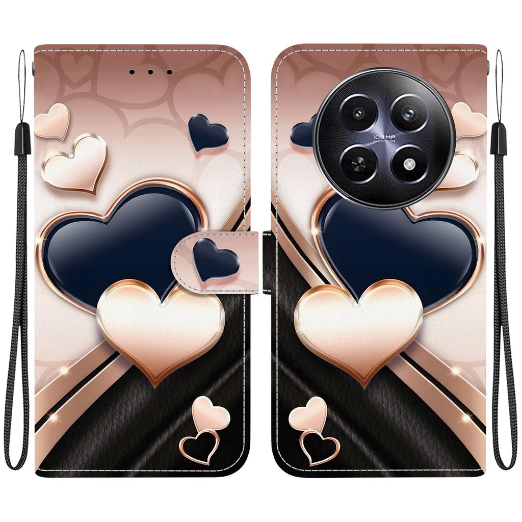 Handmade PU Leather Flip Case for Realme 12 (5G/RMX3999) Anti-Slip Shockproof Cover with Wrist Strap & Heart/Rose Cat Designs