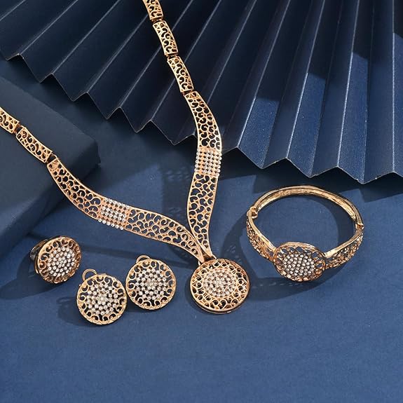 Bracelet Ring Earrings Combo Necklace Jewellery Set for Women Latest Stylish Design Fancy Crystal